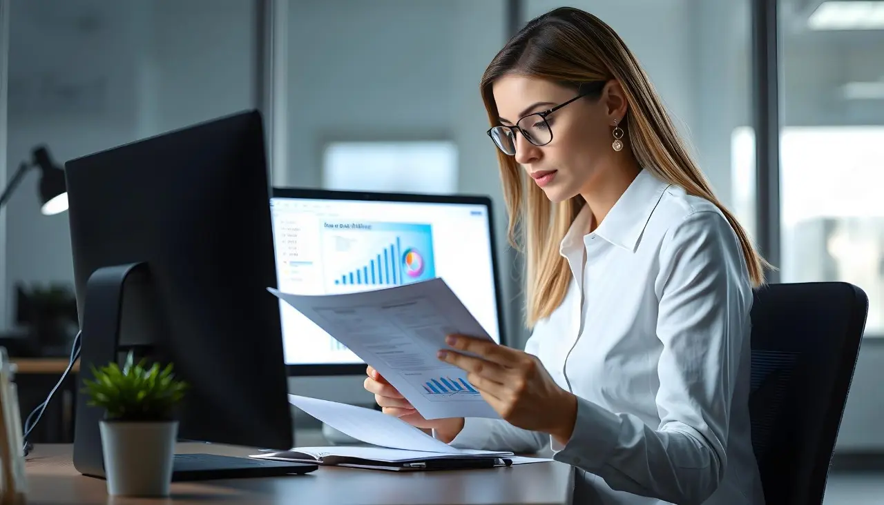 Análisis de datos para decisiones empresariales inteligentes Mujer profesional analizando gráficos financieros en una oficina moderna