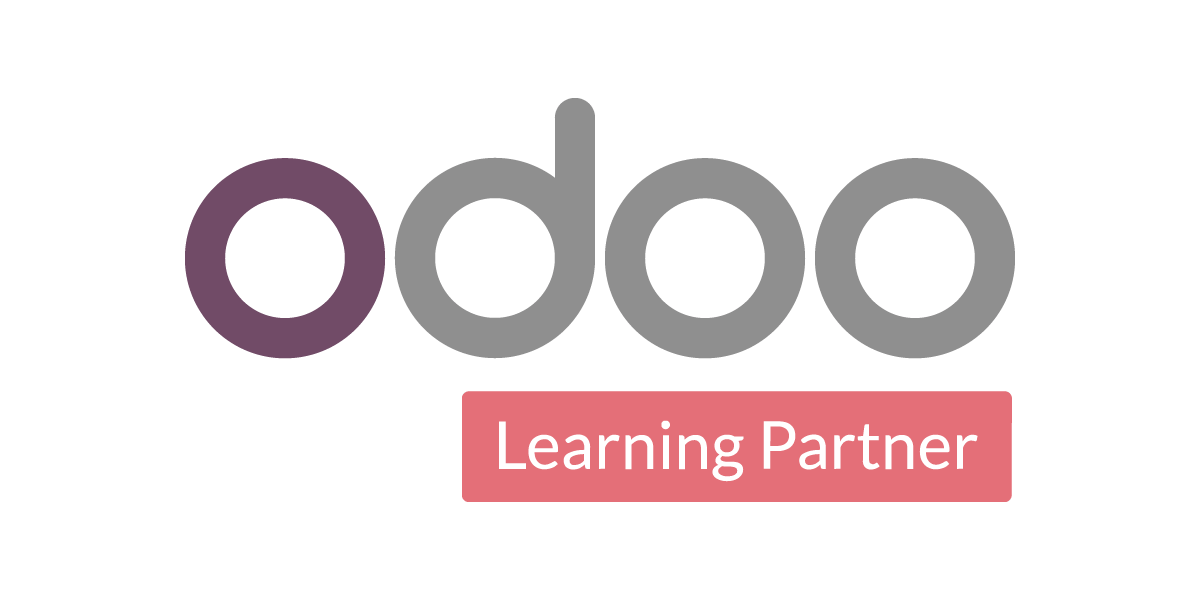 Odoo Learning Partner – Socio autorizado de formación en Odoo ERP Logotipo de Odoo con la leyenda Learning Partner en una franja rosa, representando su categoría de socio educativo.