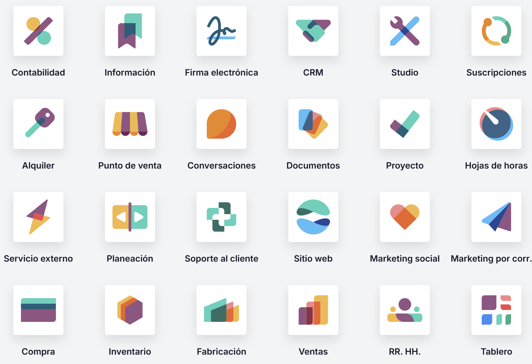 Aplicaciones de Odoo para la transformación digital de tu empresa Interfaz de tablet con aplicaciones empresariales de Odoo como CRM, Punto de Venta, Firma Electrónica y Marketing Social