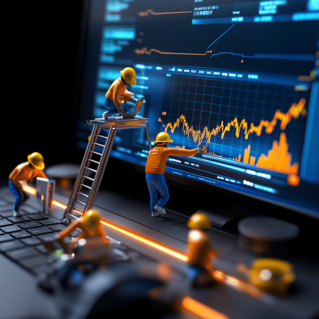 Analítica empresarial en construcción y mejora continua Mini trabajadores con cascos manipulando gráficas de datos en una pantalla digital sobre un teclado, simbolizando análisis y optimización empresarial