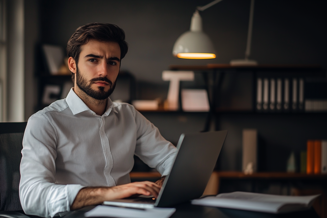 Especialista en soluciones digitales empresariales Hombre trabajando en laptop en oficina moderna con iluminación cálida